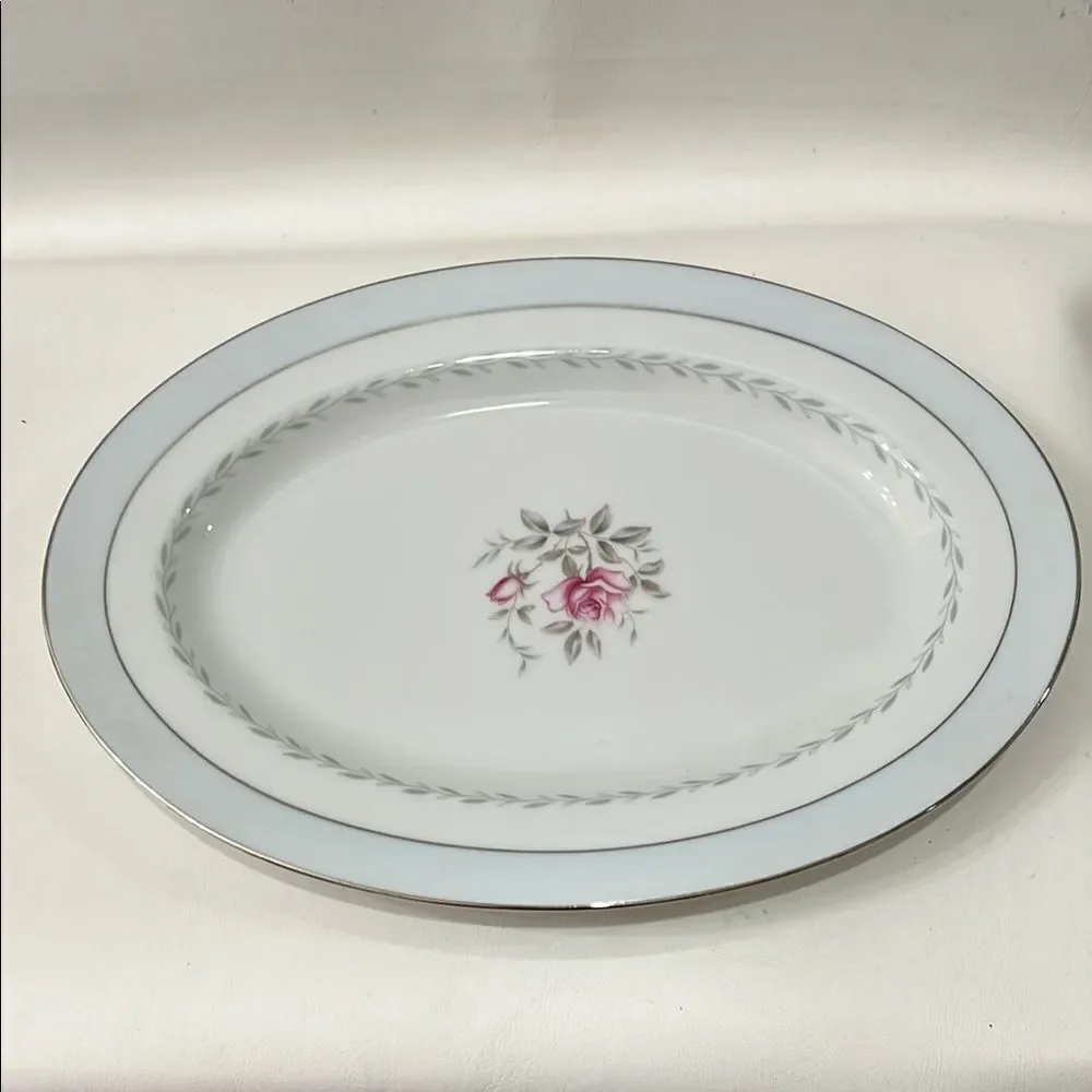Regency Japan Oval Serving Platter Silver Trim Blue White Pink Rose Floral